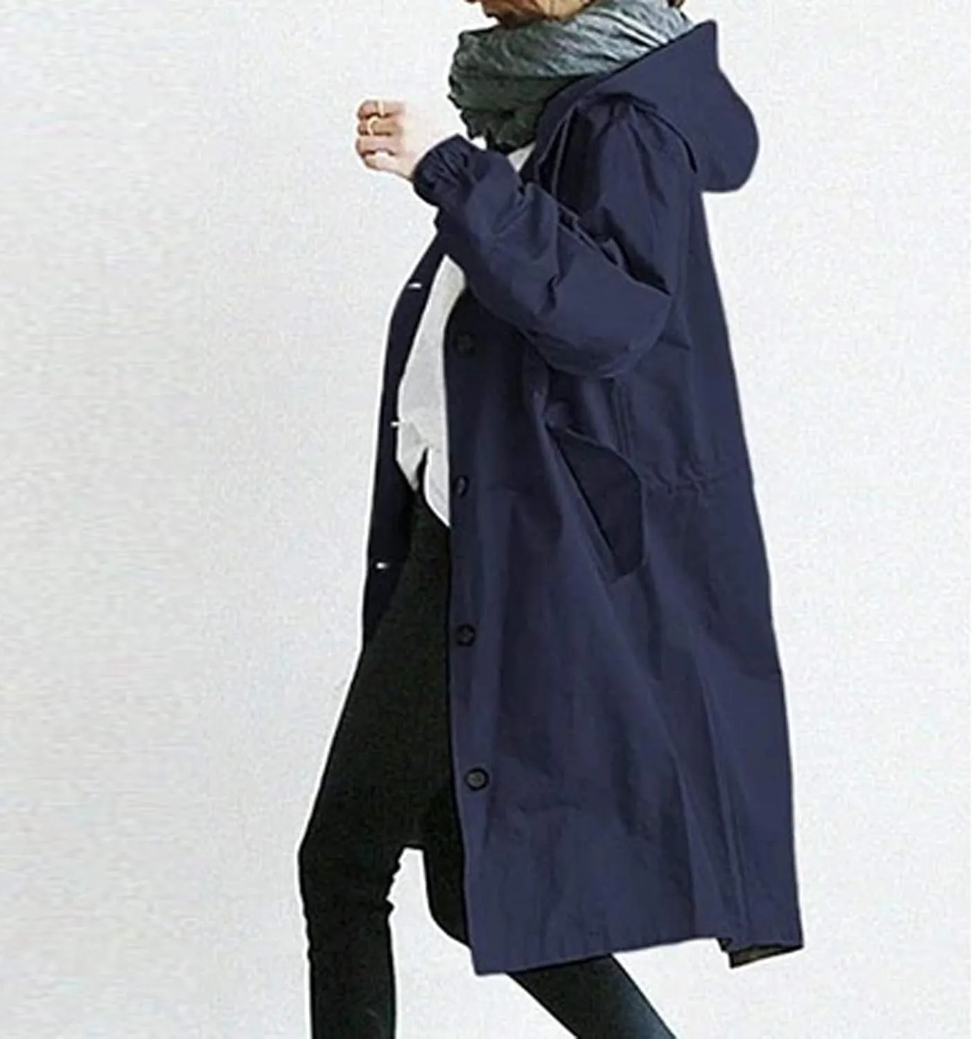 aihihe Women's Lightweight Hooded Trench Coat Outdoor Long Jacket Plus Size Button Up Windbreaker Outerwear with Pockets