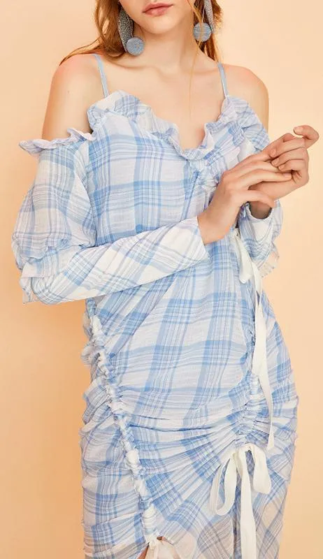 Asymmetrical Ruffle Plaid Ruched Dress