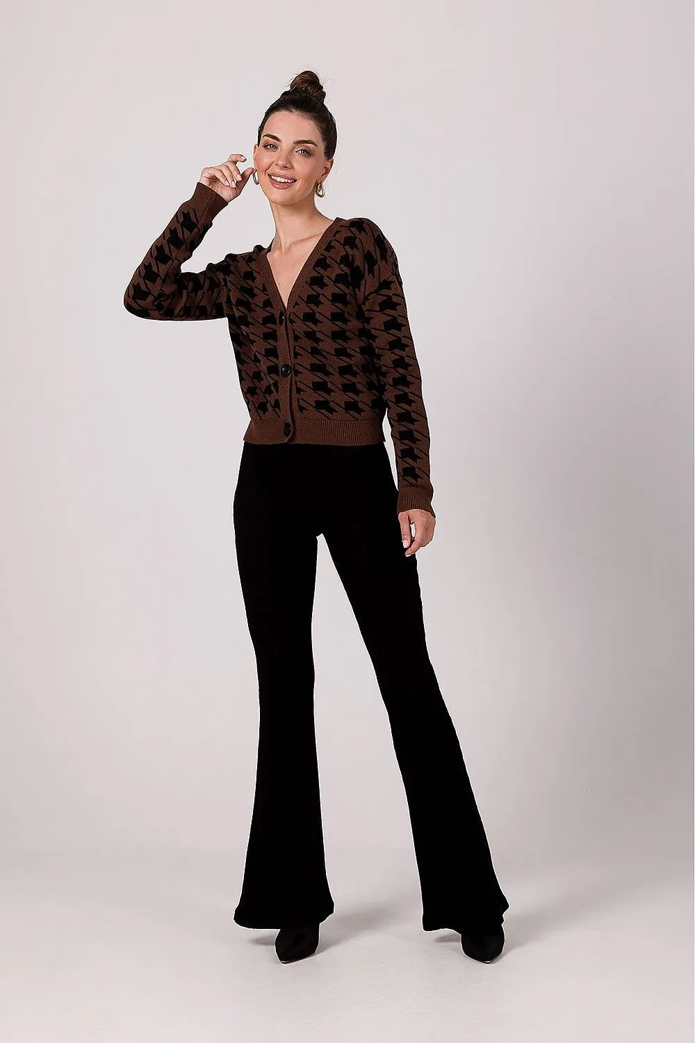 BE KNIT Women's European-made Houndstooth Buttoned-down Cropped Sweater Cardigan