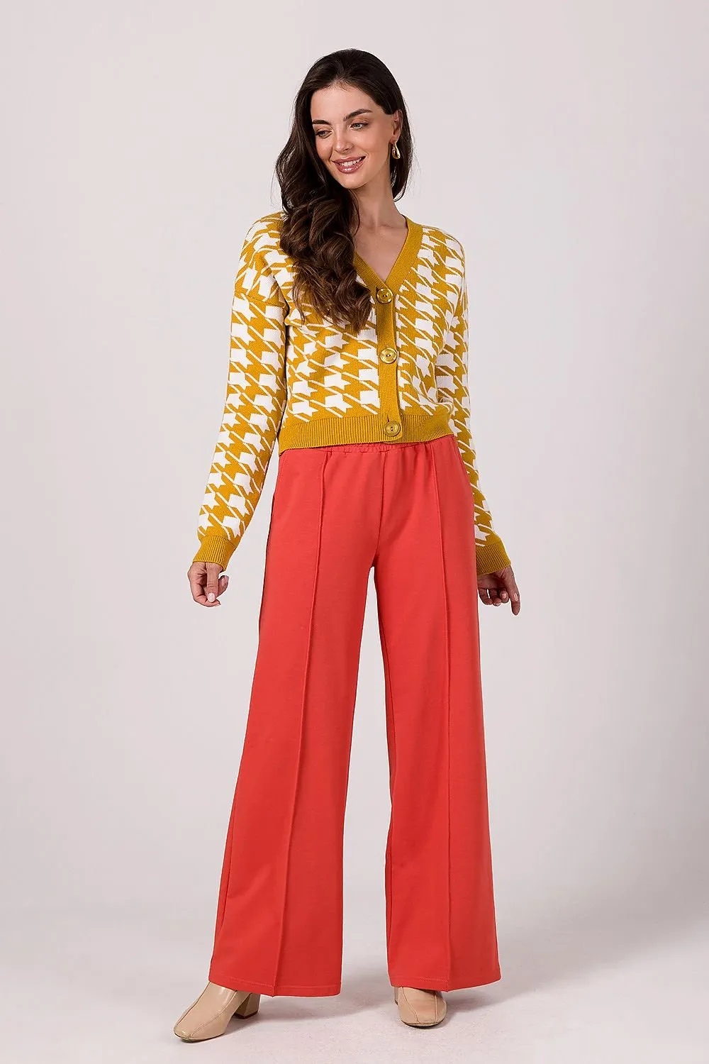 BE KNIT Women's European-made Houndstooth Buttoned-down Cropped Sweater Cardigan