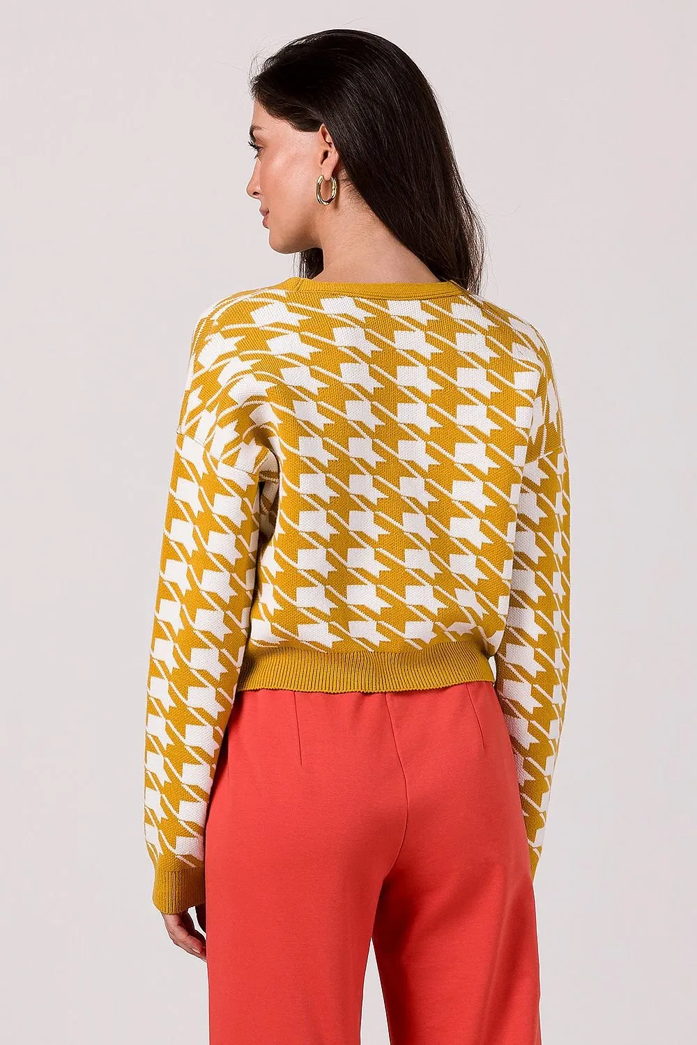 BE KNIT Women's European-made Houndstooth Buttoned-down Cropped Sweater Cardigan