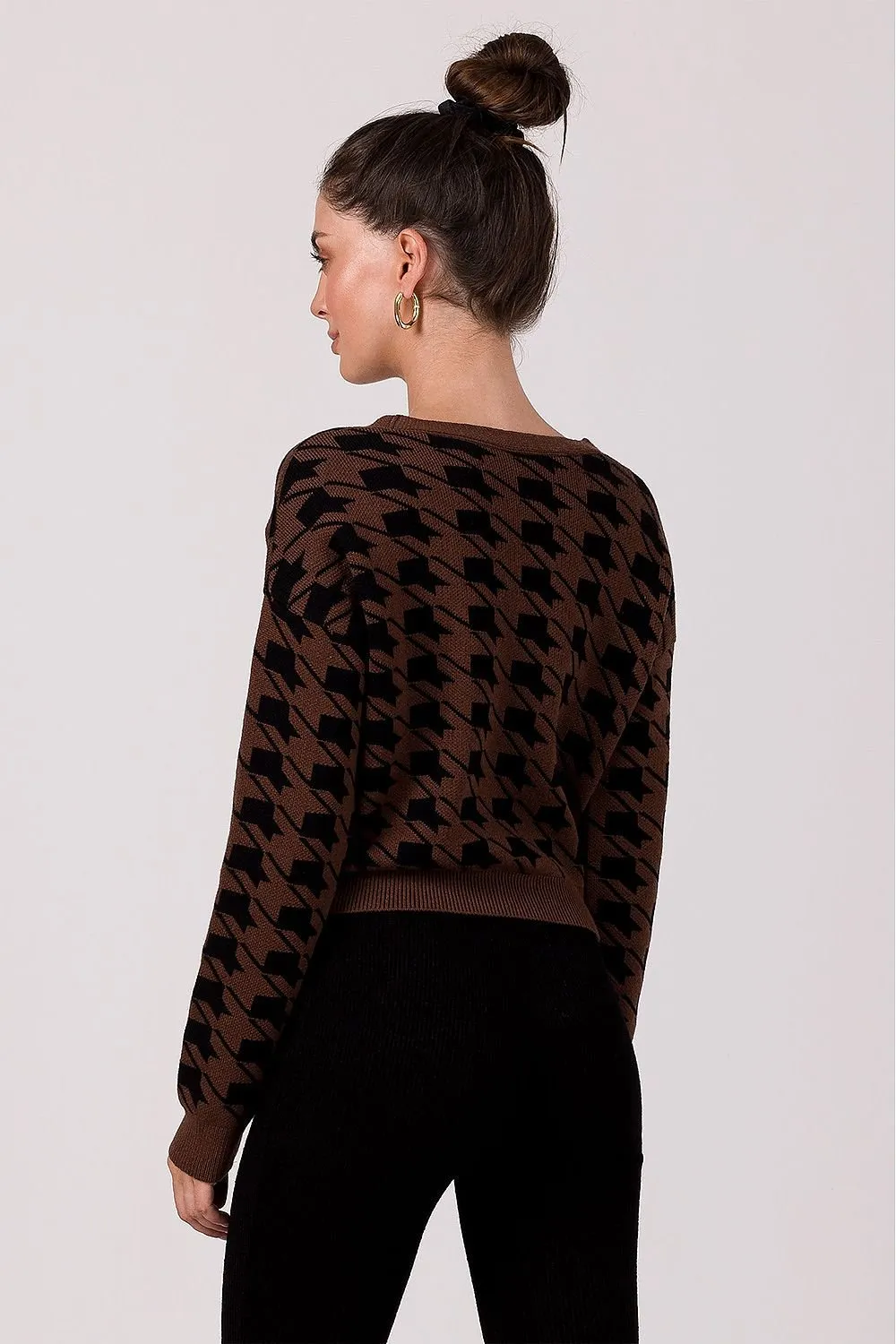 BE KNIT Women's European-made Houndstooth Buttoned-down Cropped Sweater Cardigan