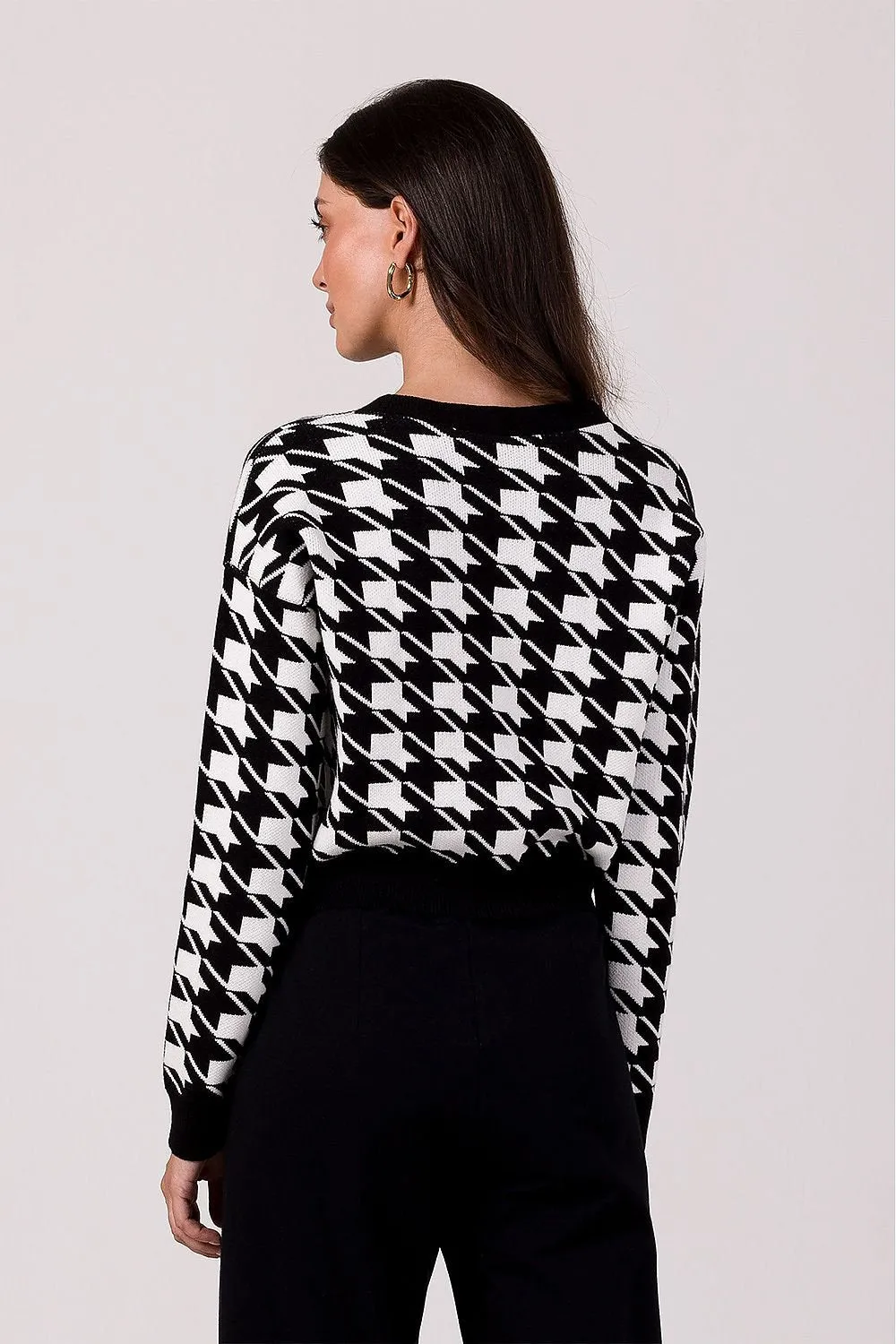 BE KNIT Women's European-made Houndstooth Buttoned-down Cropped Sweater Cardigan
