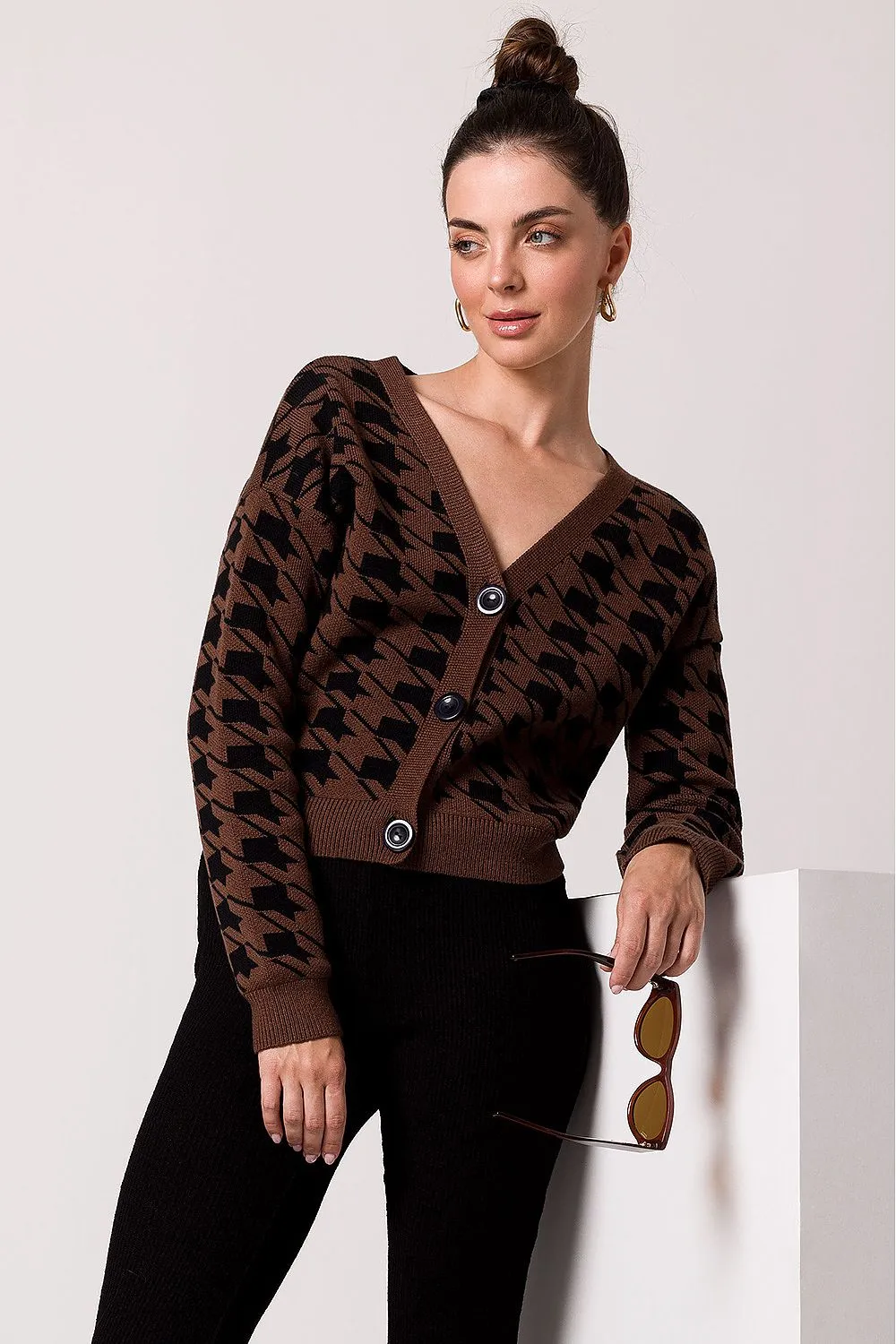 BE KNIT Women's European-made Houndstooth Buttoned-down Cropped Sweater Cardigan