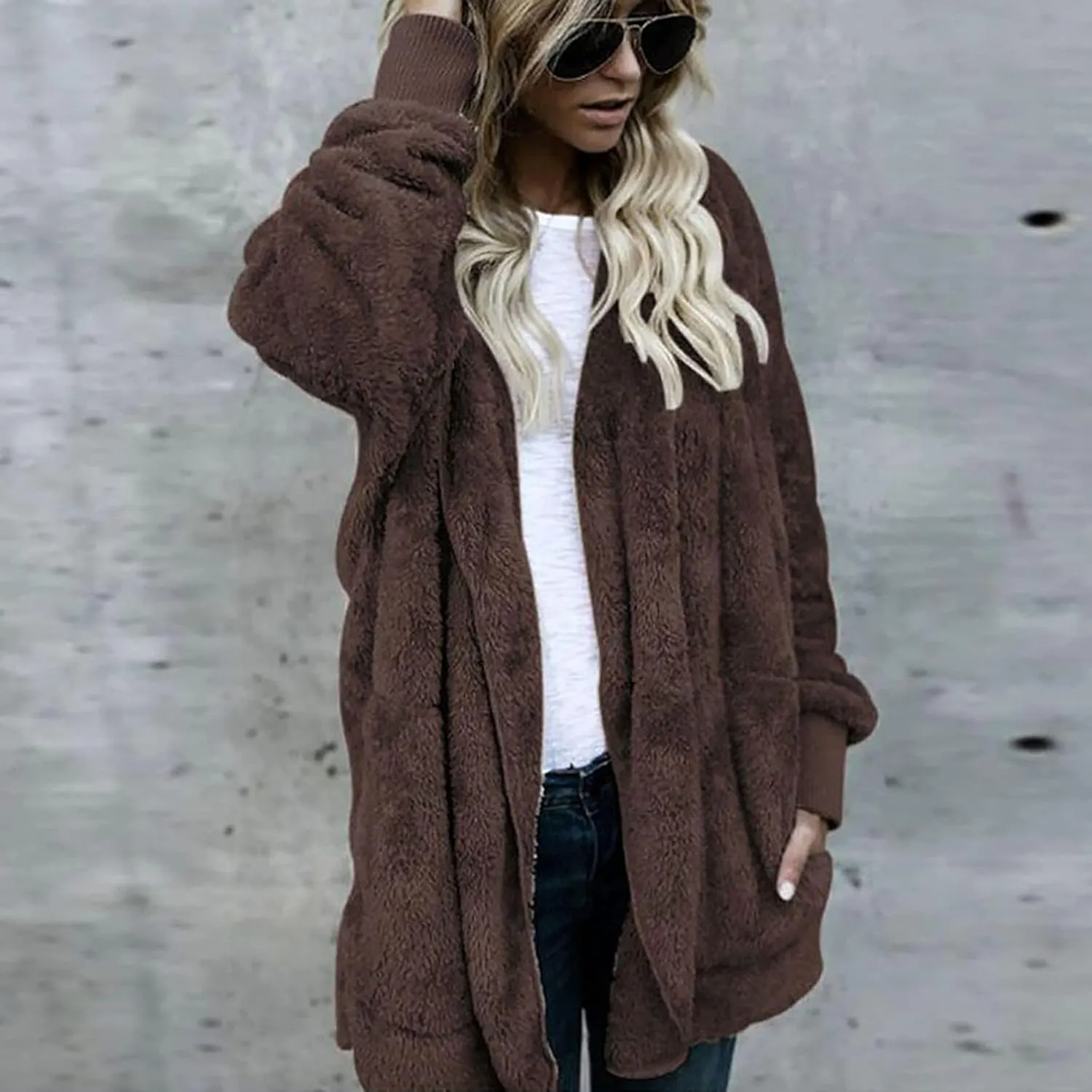 Ceboyel Womens Winter Jacket Coats Hooded Oversized Sweater Cardigan Fuzzy Fleece Shearling Jacket Trendy Warm Clothes 2023