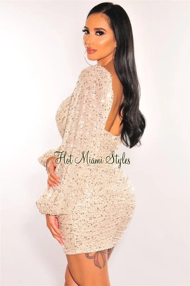 Champagne Silver Sequins V Wire Long Sleeve Ruched Dress