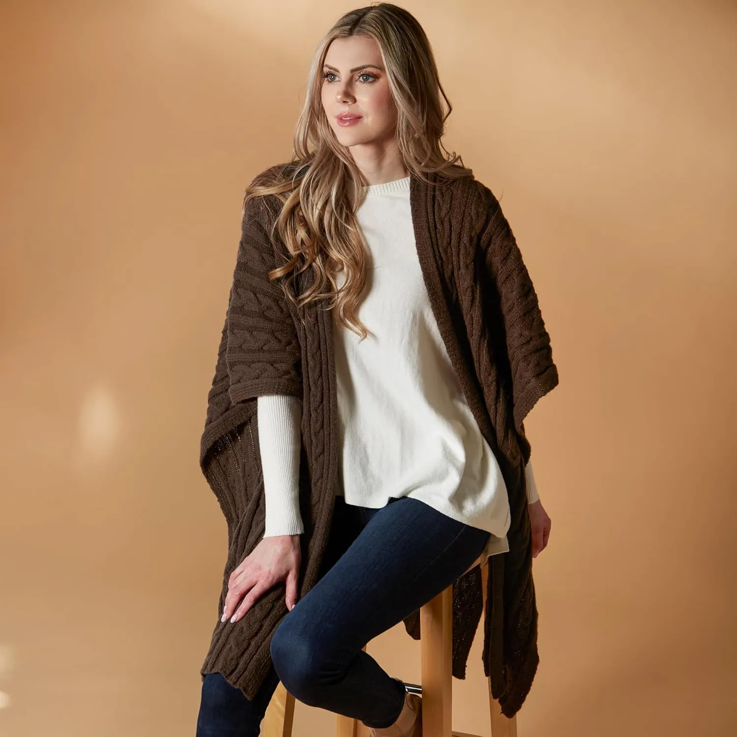 Hadley Wren Women's Kenna Cable Knit Open Front Poncho Wrap