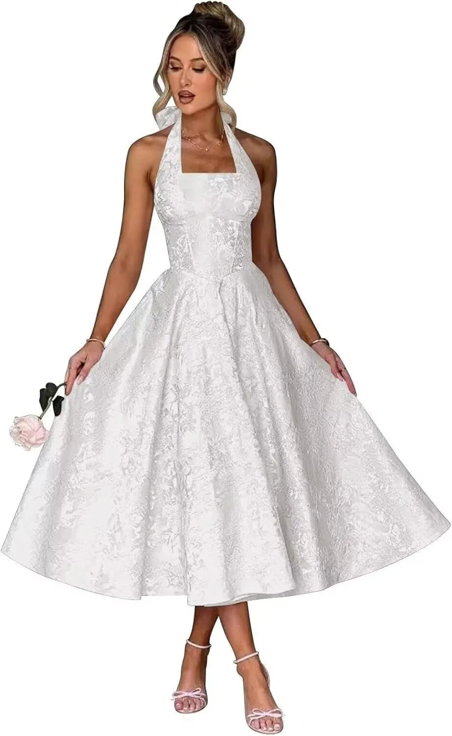 Halter Tea Length Prom Dresses 2025 Jacquard Satin A-Line Formal Evening Party Gowns PU241