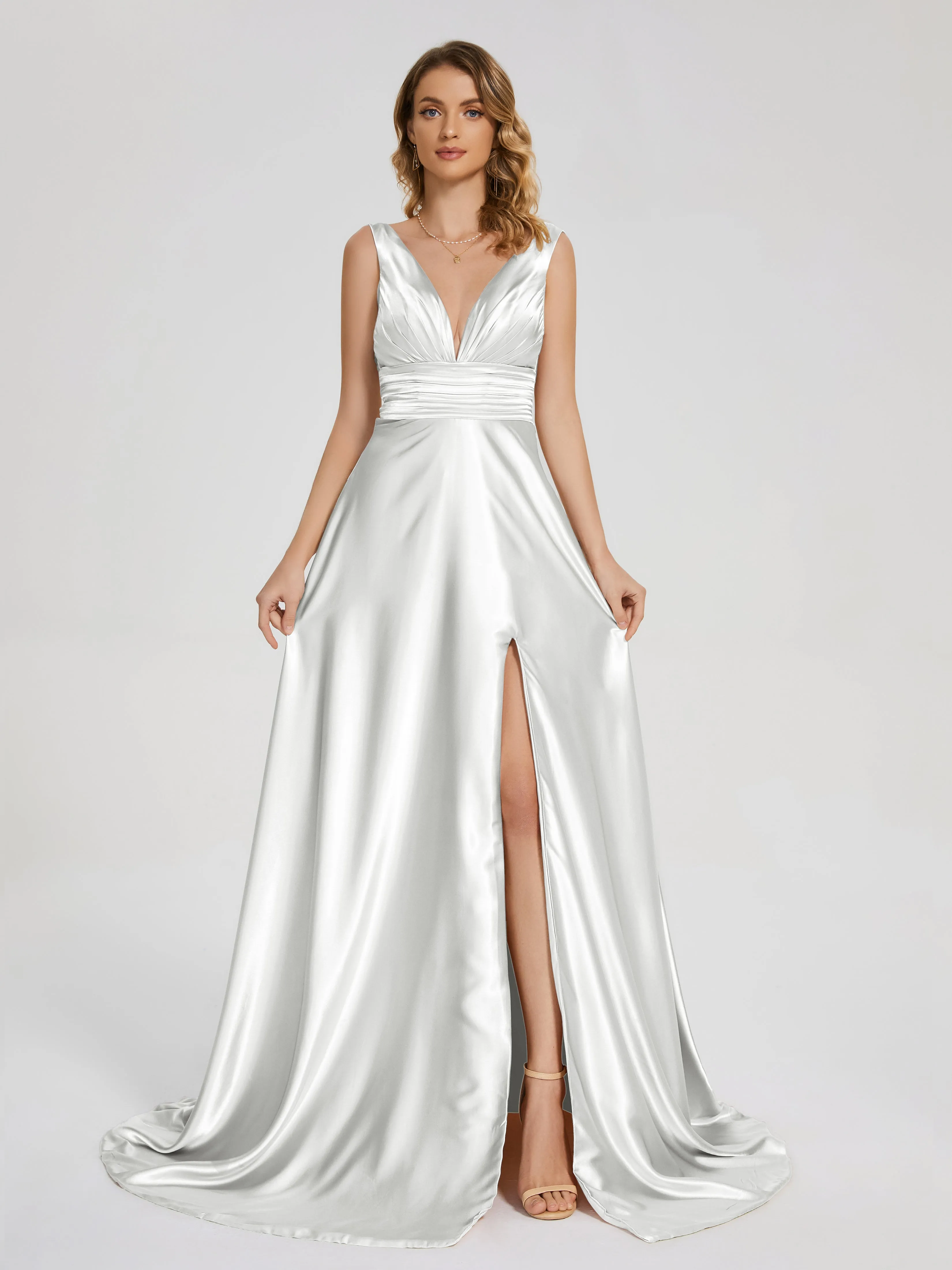 Kali Gorgeous Sweep Train Long Soft Satin Dresses