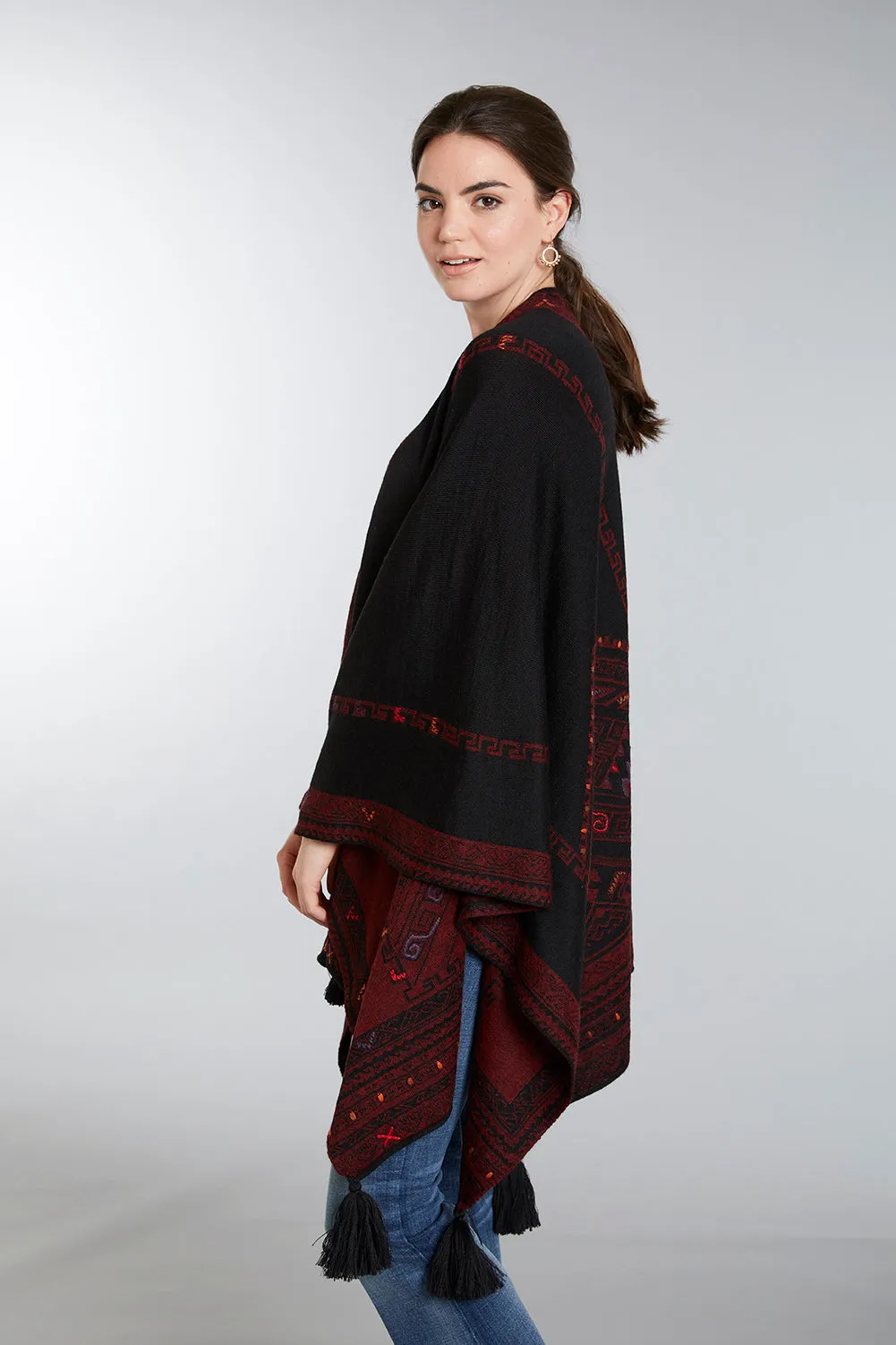 Kilim Reversible Embroidered Baby Alpaca Poncho - Women's Ruana Wrap