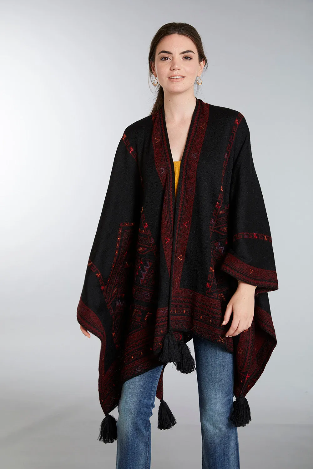 Kilim Reversible Embroidered Baby Alpaca Poncho - Women's Ruana Wrap