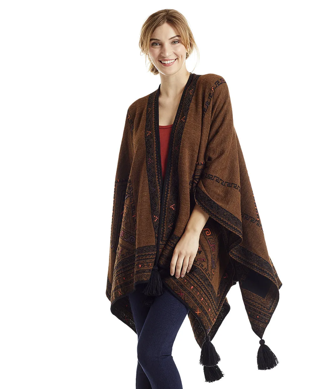 Kilim Reversible Embroidered Baby Alpaca Poncho - Women's Ruana Wrap