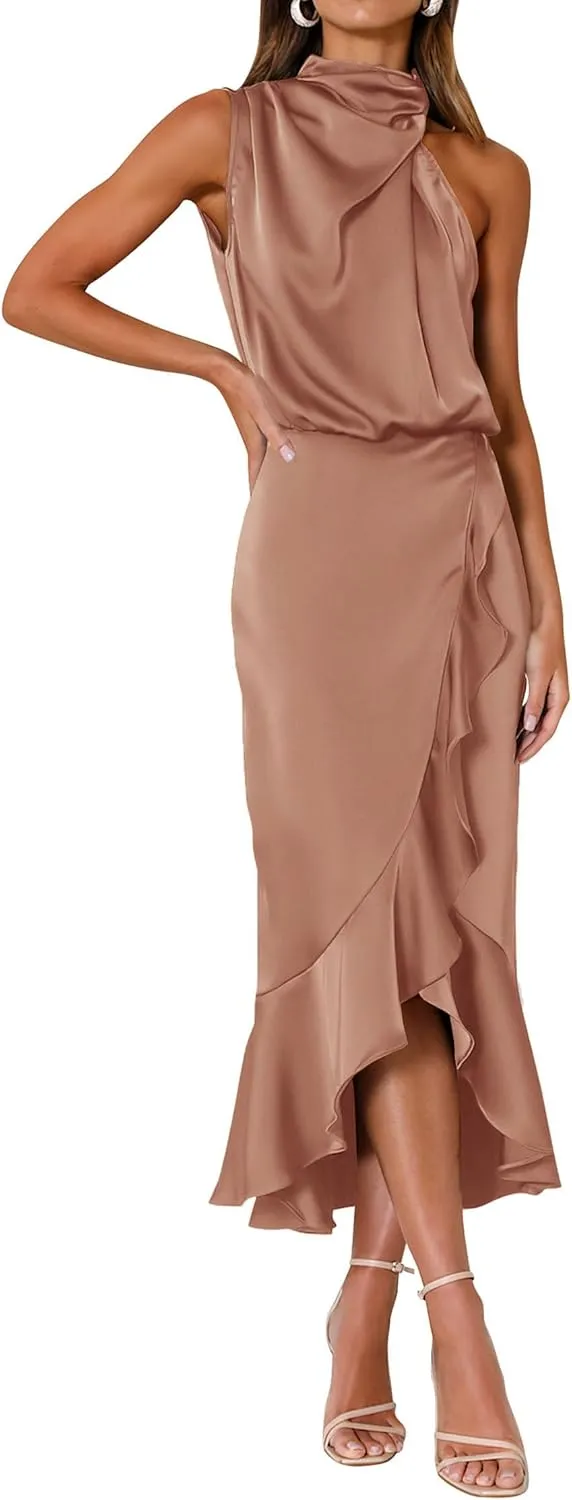 KIRUNDO Womens 2025 Summer Satin Mock Neck Wedding Guest Party Cocktail Midi Dress Sleeveless Wrap Ruffle Formal Dresses