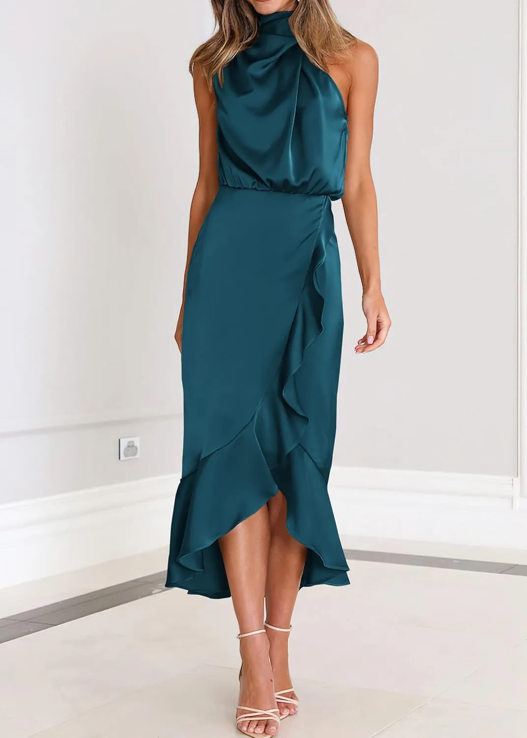 KIRUNDO Womens 2025 Summer Satin Mock Neck Wedding Guest Party Cocktail Midi Dress Sleeveless Wrap Ruffle Formal Dresses