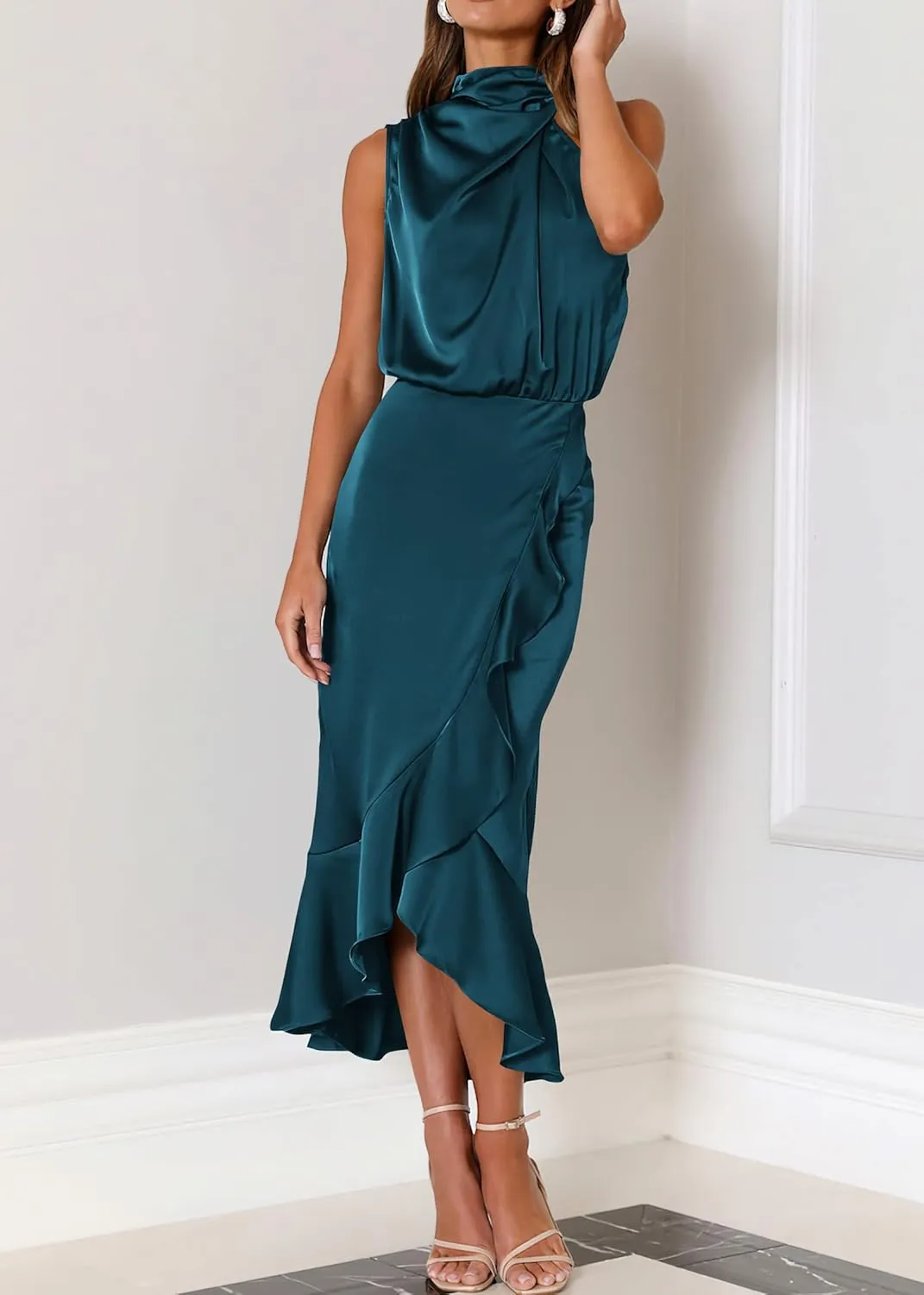 KIRUNDO Womens 2025 Summer Satin Mock Neck Wedding Guest Party Cocktail Midi Dress Sleeveless Wrap Ruffle Formal Dresses