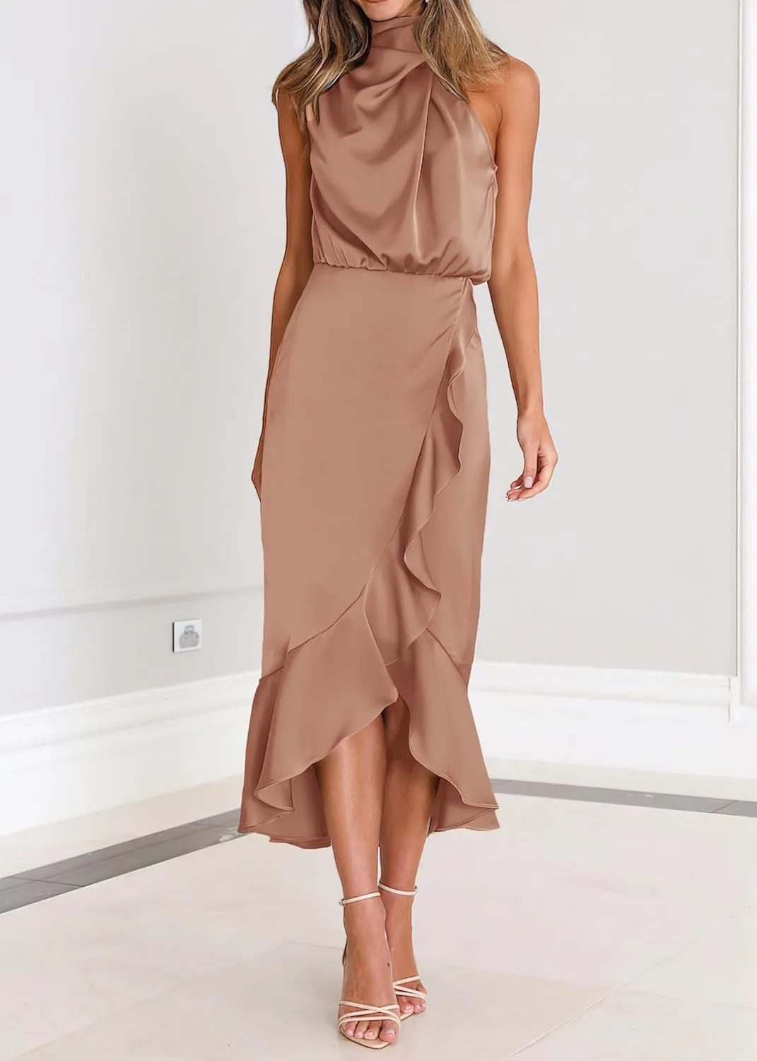 KIRUNDO Womens 2025 Summer Satin Mock Neck Wedding Guest Party Cocktail Midi Dress Sleeveless Wrap Ruffle Formal Dresses