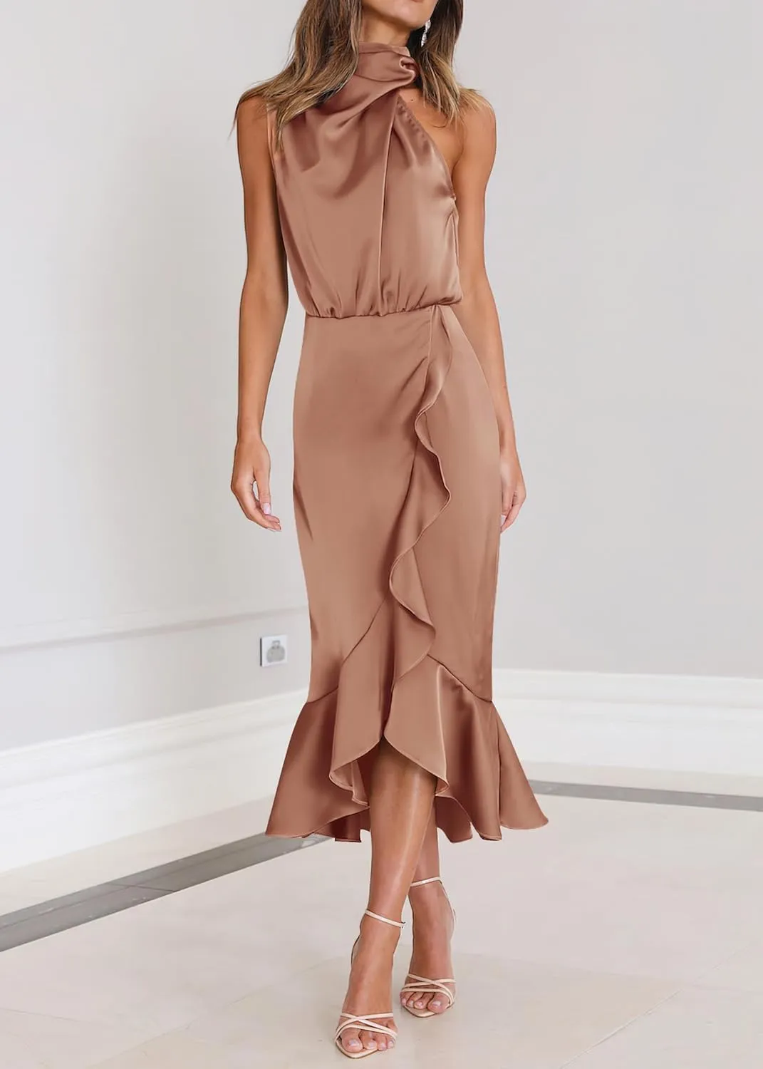 KIRUNDO Womens 2025 Summer Satin Mock Neck Wedding Guest Party Cocktail Midi Dress Sleeveless Wrap Ruffle Formal Dresses