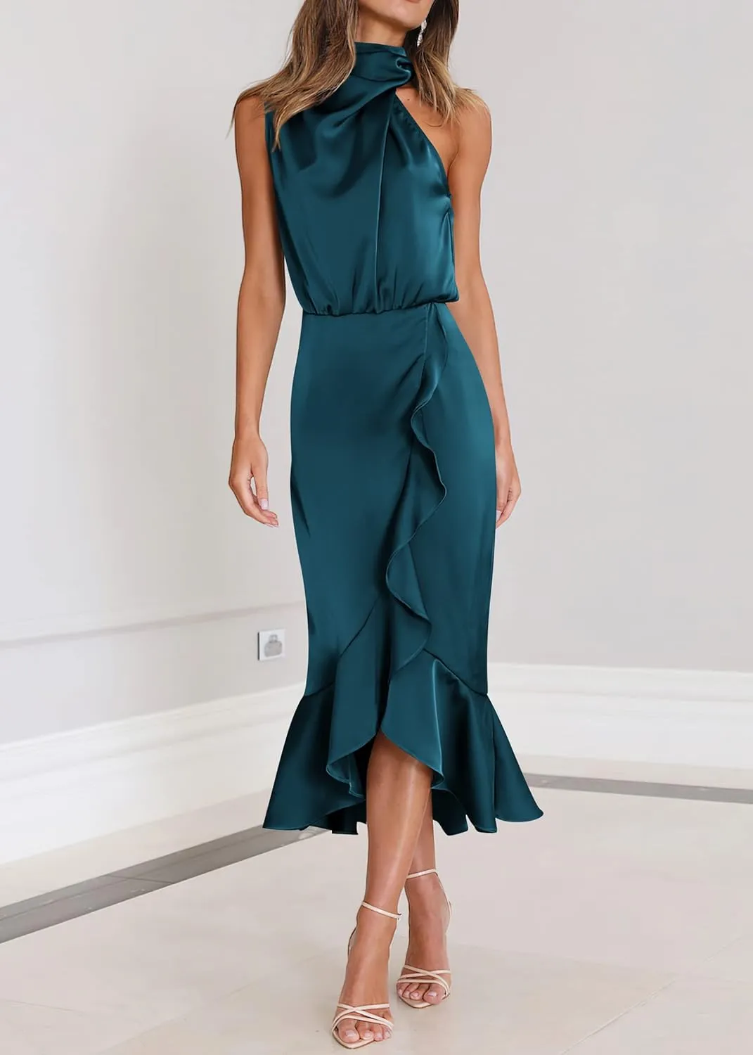 KIRUNDO Womens 2025 Summer Satin Mock Neck Wedding Guest Party Cocktail Midi Dress Sleeveless Wrap Ruffle Formal Dresses