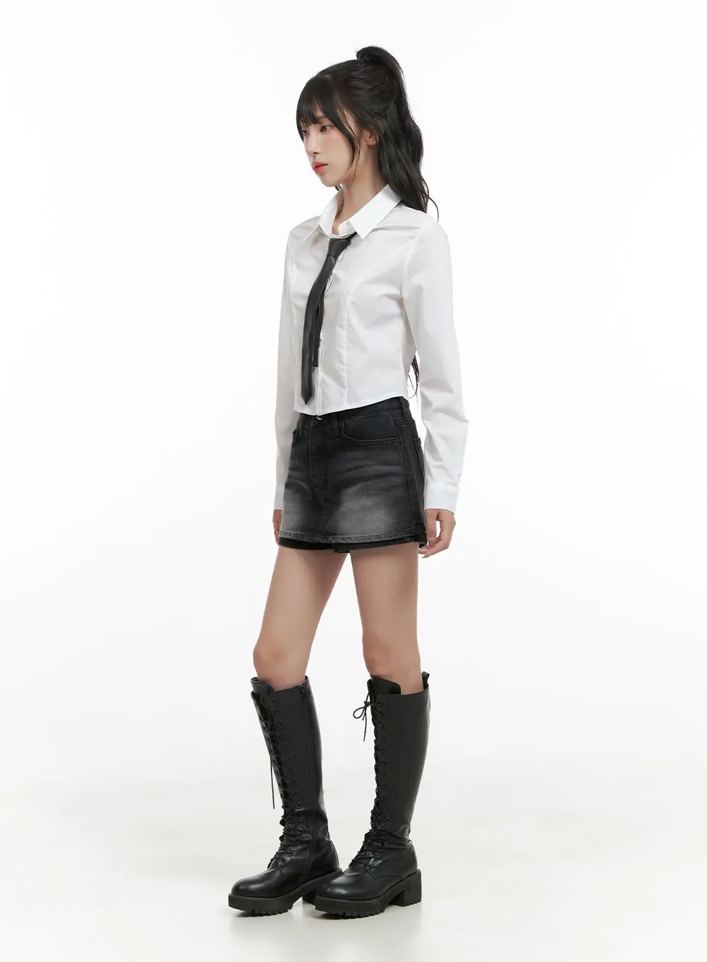 Layered Washed Denim Mini Skorts CG421