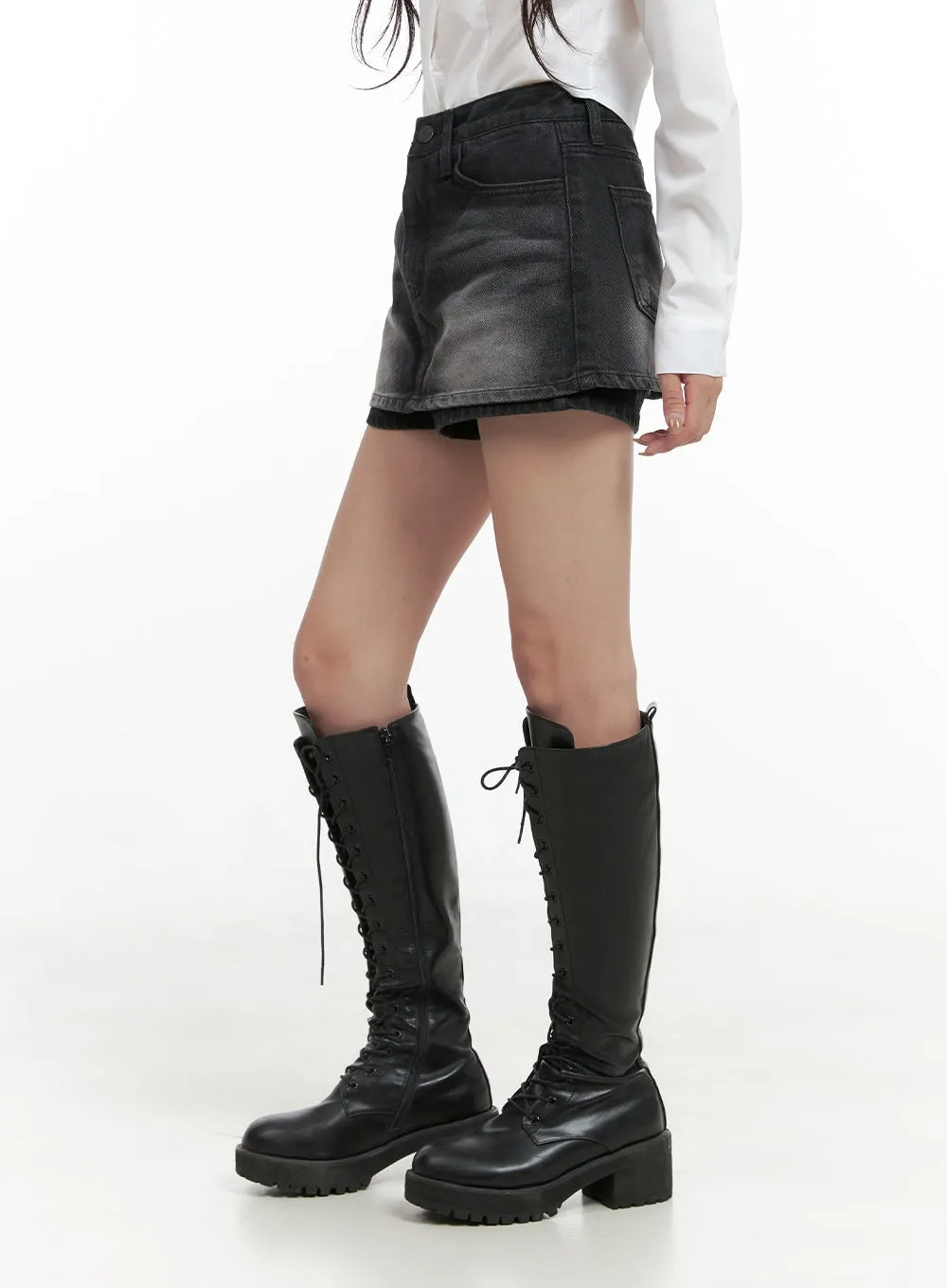 Layered Washed Denim Mini Skorts CG421