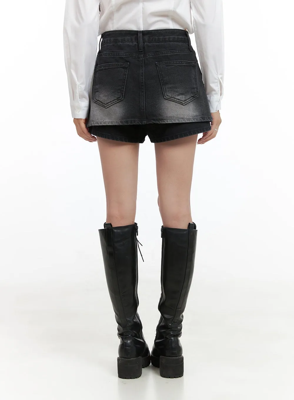 Layered Washed Denim Mini Skorts CG421