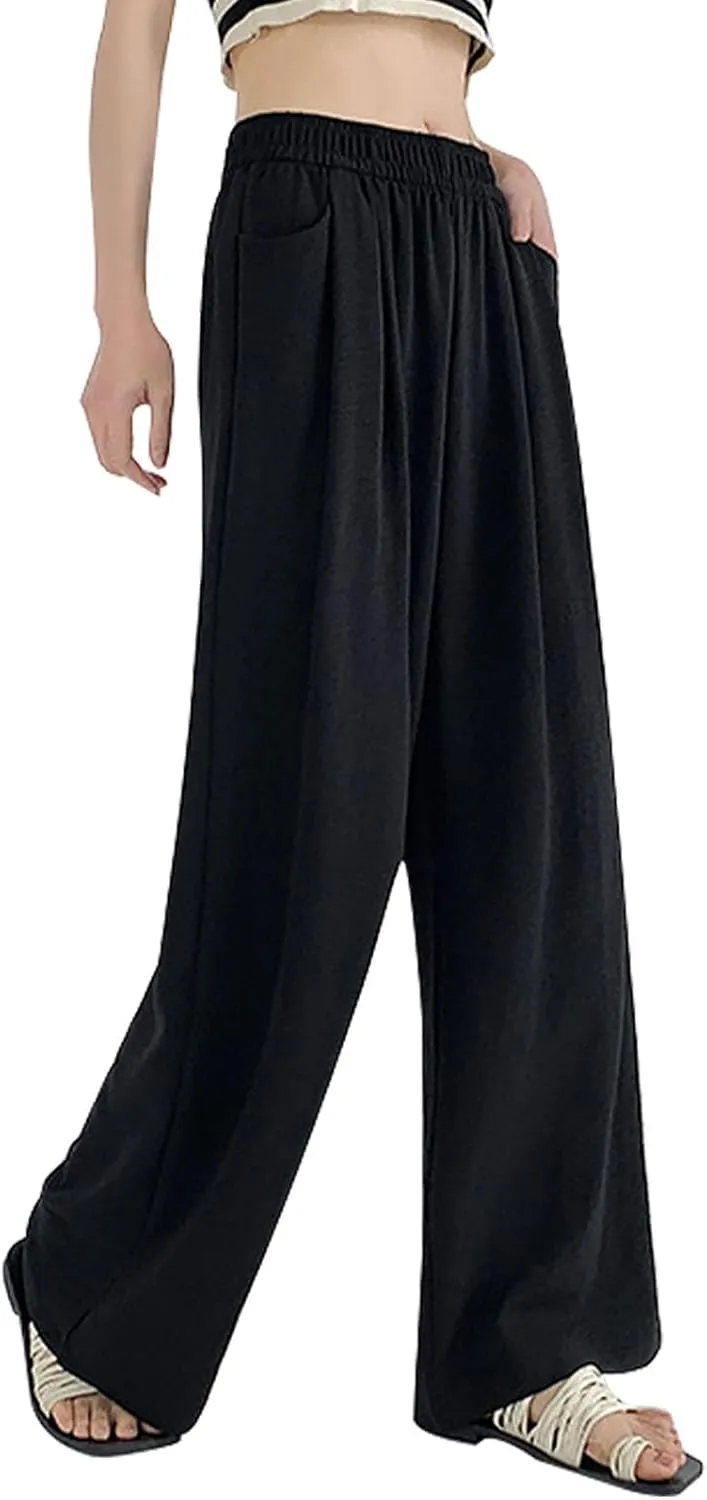 Lightweight Pants for Women Trendy Casual Elastic High Waisted Straight Leg Long Pants Lounge Trousers with Pockets