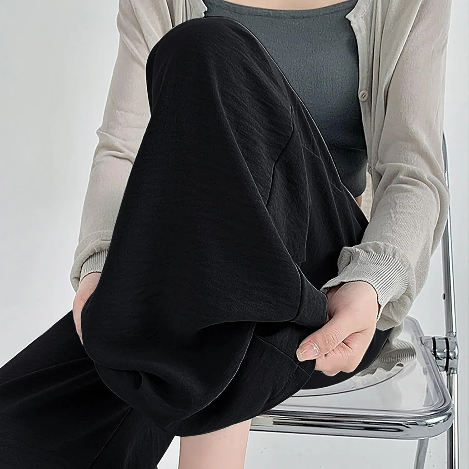 Lightweight Pants for Women Trendy Casual Elastic High Waisted Straight Leg Long Pants Lounge Trousers with Pockets