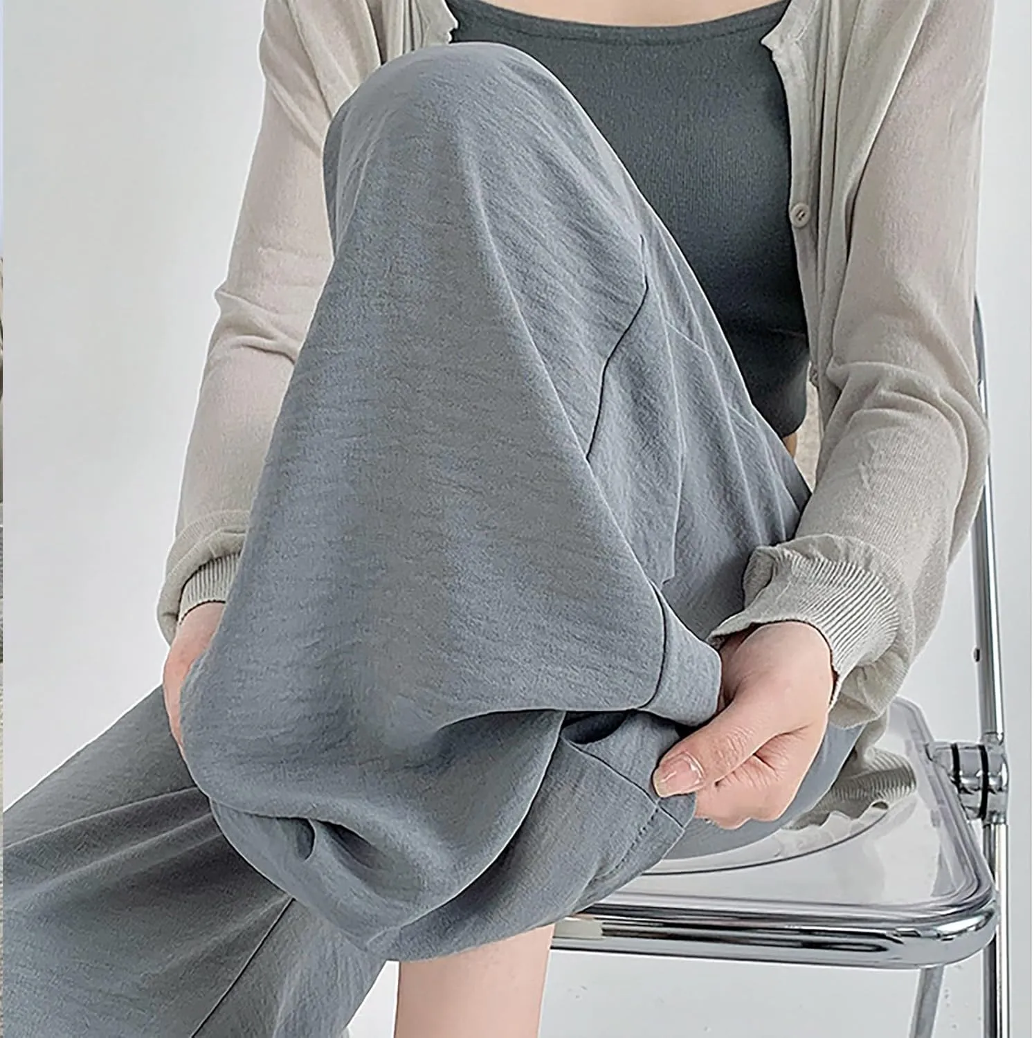 Lightweight Pants for Women Trendy Casual Elastic High Waisted Straight Leg Long Pants Lounge Trousers with Pockets