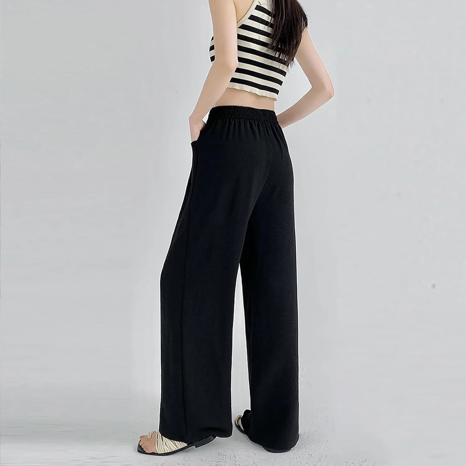 Lightweight Pants for Women Trendy Casual Elastic High Waisted Straight Leg Long Pants Lounge Trousers with Pockets