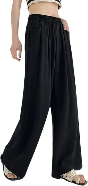 Lightweight Pants for Women Trendy Casual Elastic High Waisted Straight Leg Long Pants Lounge Trousers with Pockets