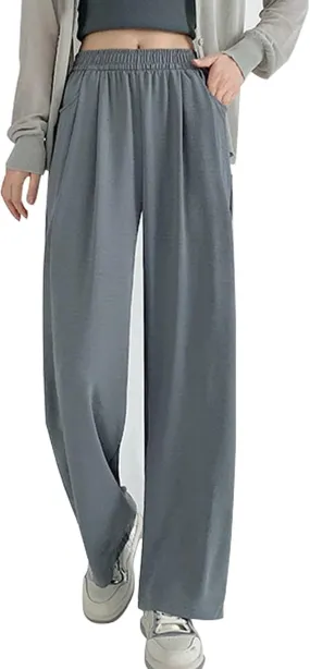 Lightweight Pants for Women Trendy Casual Elastic High Waisted Straight Leg Long Pants Lounge Trousers with Pockets