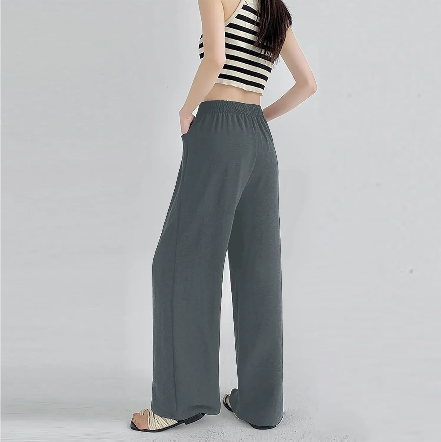 Lightweight Pants for Women Trendy Casual Elastic High Waisted Straight Leg Long Pants Lounge Trousers with Pockets