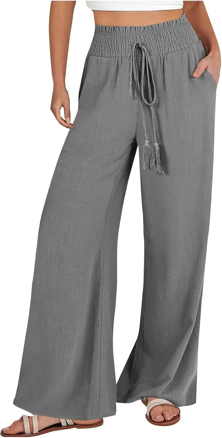 Linen Wide Leg Pants for Women Petite Summer Beach Drawstring Palazzo Flowy Lounging with Pockets Travel Lounge 2024