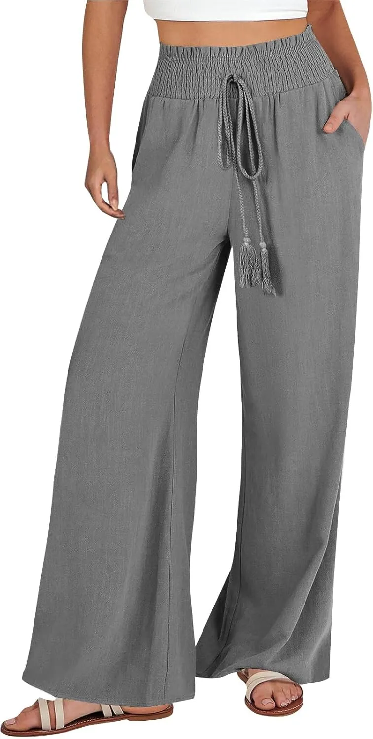 Linen Wide Leg Pants for Women Petite Summer Beach Drawstring Palazzo Flowy Lounging with Pockets Travel Lounge 2024
