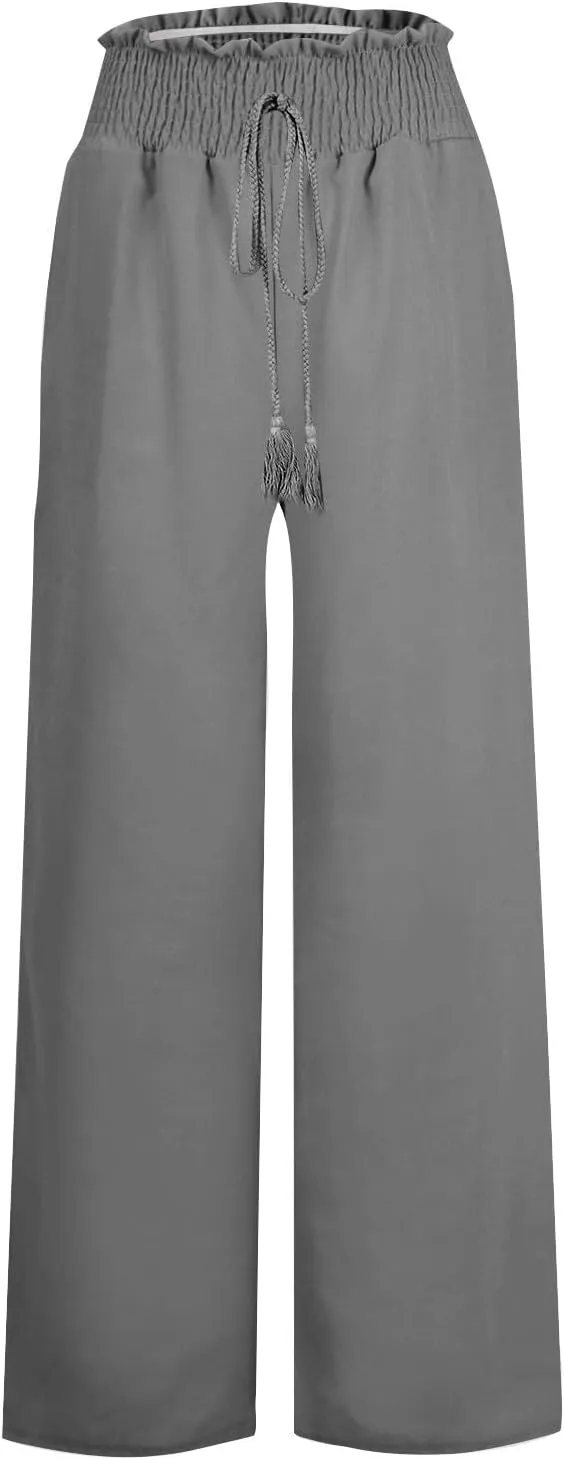 Linen Wide Leg Pants for Women Petite Summer Beach Drawstring Palazzo Flowy Lounging with Pockets Travel Lounge 2024