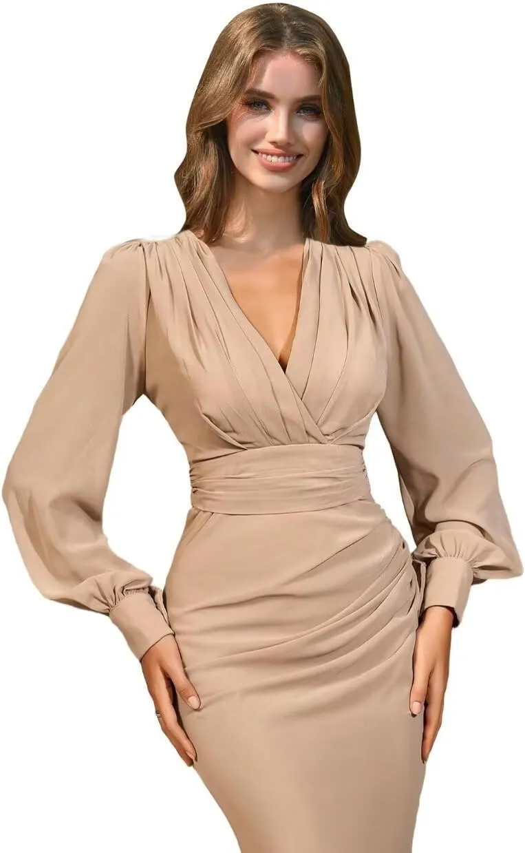 Long Sleeve Satin Prom Dresses 2025 V Neck Ruched Bridesmaid Dresses Mermaid Formal Evening Party Dress for Women
