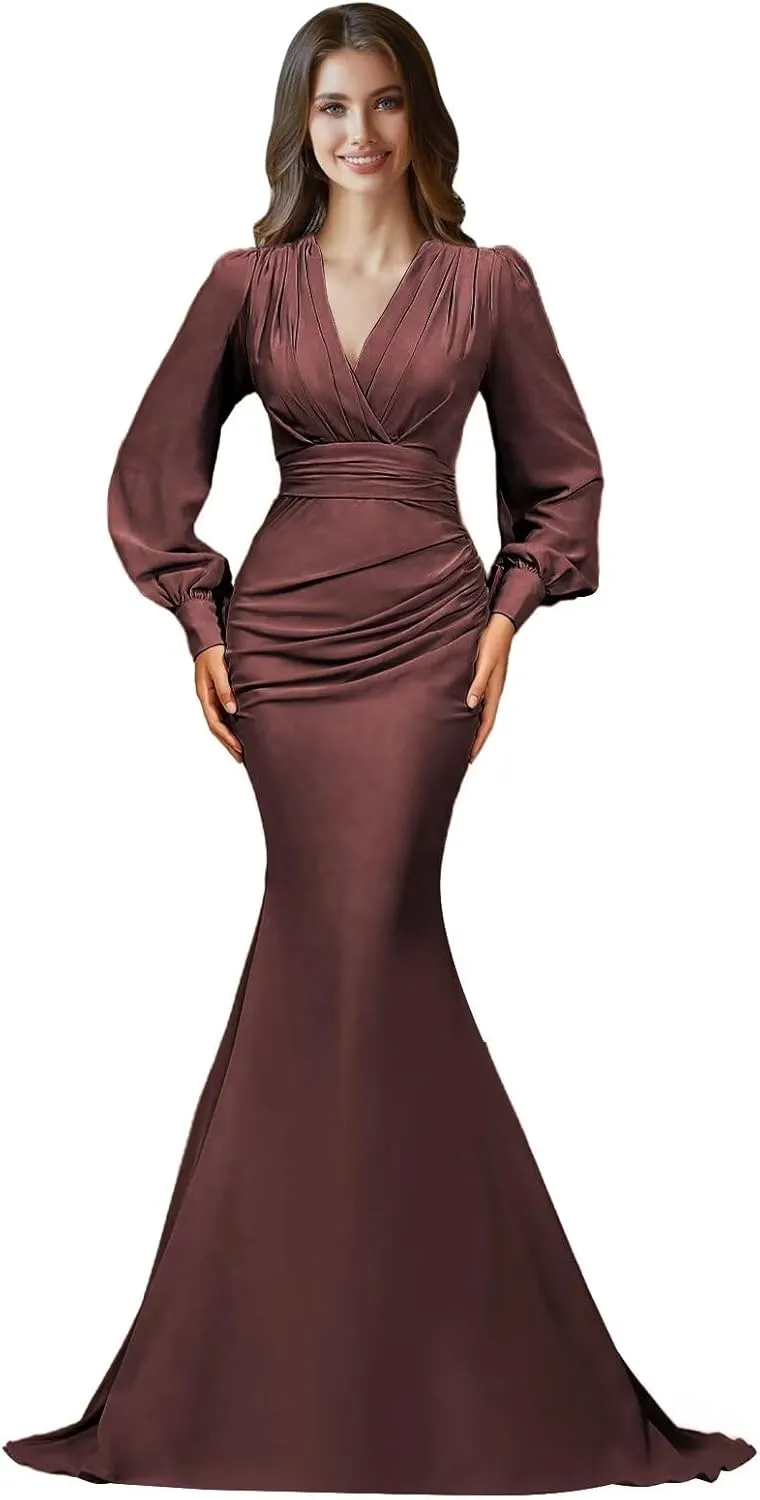 Long Sleeve Satin Prom Dresses 2025 V Neck Ruched Bridesmaid Dresses Mermaid Formal Evening Party Dress for Women