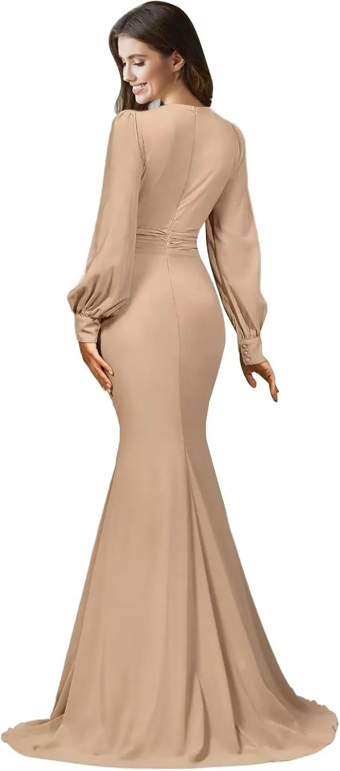 Long Sleeve Satin Prom Dresses 2025 V Neck Ruched Bridesmaid Dresses Mermaid Formal Evening Party Dress for Women