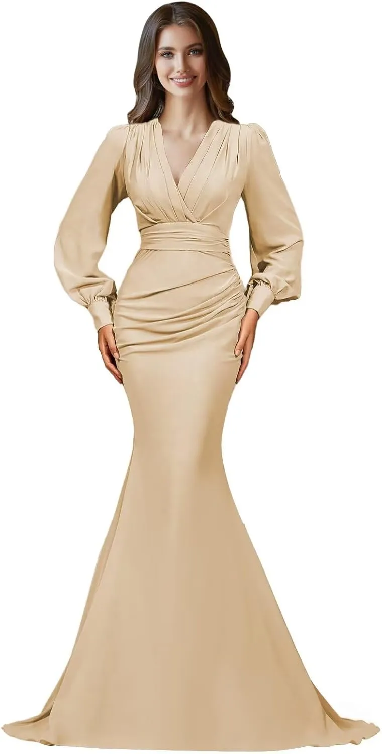 Long Sleeve Satin Prom Dresses 2025 V Neck Ruched Bridesmaid Dresses Mermaid Formal Evening Party Dress for Women