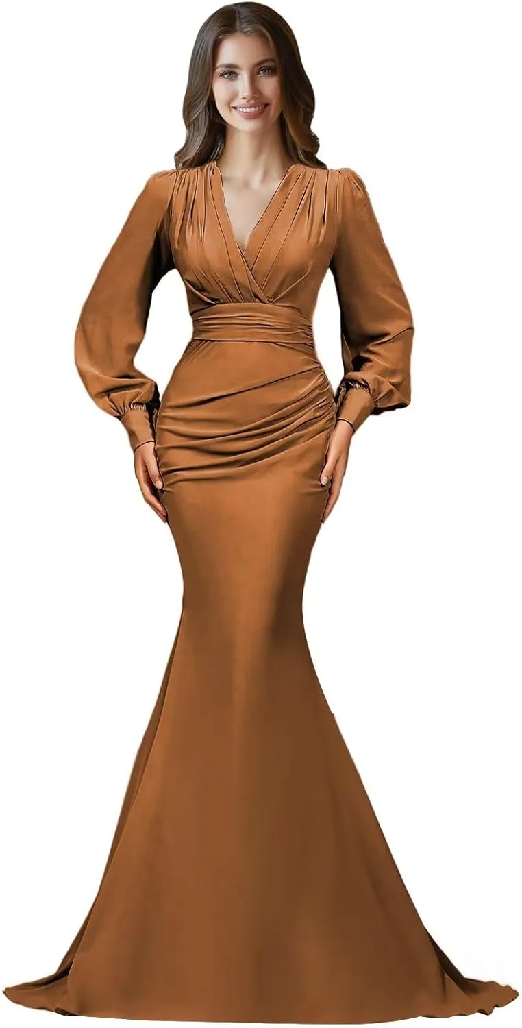 Long Sleeve Satin Prom Dresses 2025 V Neck Ruched Bridesmaid Dresses Mermaid Formal Evening Party Dress for Women