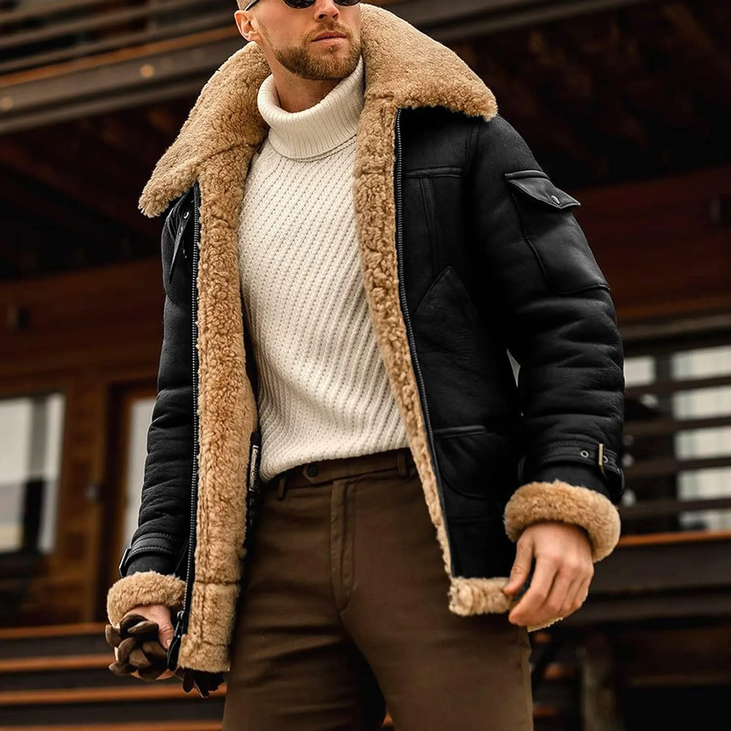 Mens Faux Fur Jacket Sherpa Lined Fleece Shearling Coat Warm Military Cargo Truck Aviator Bomber Jackets Outwear