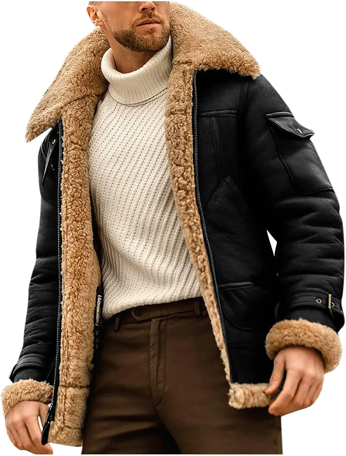 Mens Faux Fur Jacket Sherpa Lined Fleece Shearling Coat Warm Military Cargo Truck Aviator Bomber Jackets Outwear
