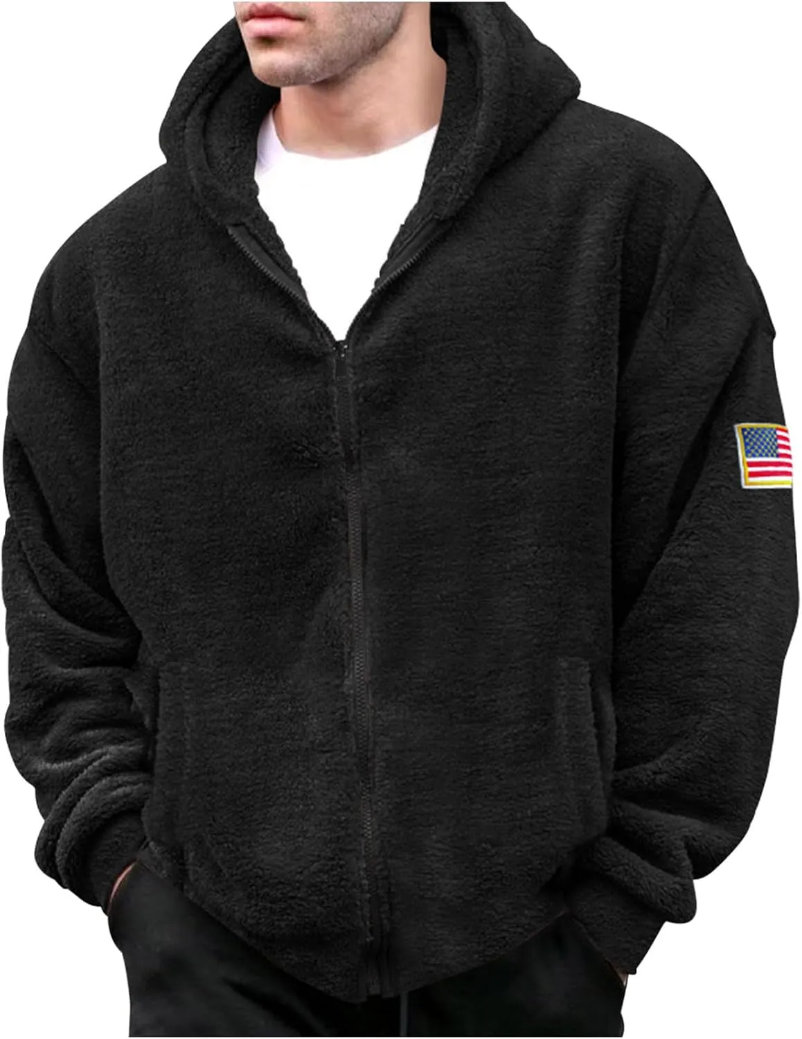 Men's Fuzzy Sherpa Jackets Fleece Hoodie Casual Warm Winter Jacket Zipper Shearling Teddy Coats Elastic Solid Outwear