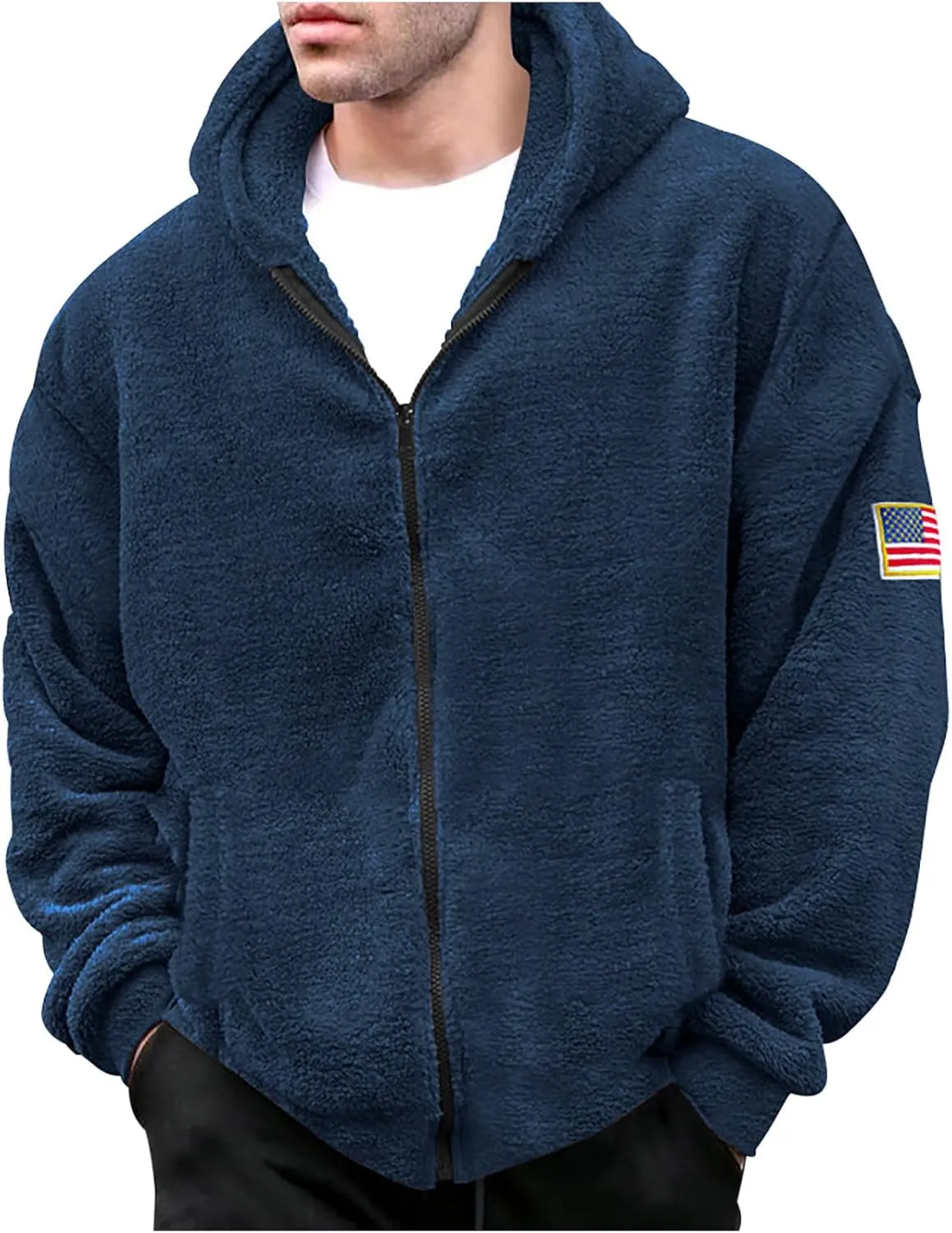Men's Fuzzy Sherpa Jackets Fleece Hoodie Casual Warm Winter Jacket Zipper Shearling Teddy Coats Elastic Solid Outwear