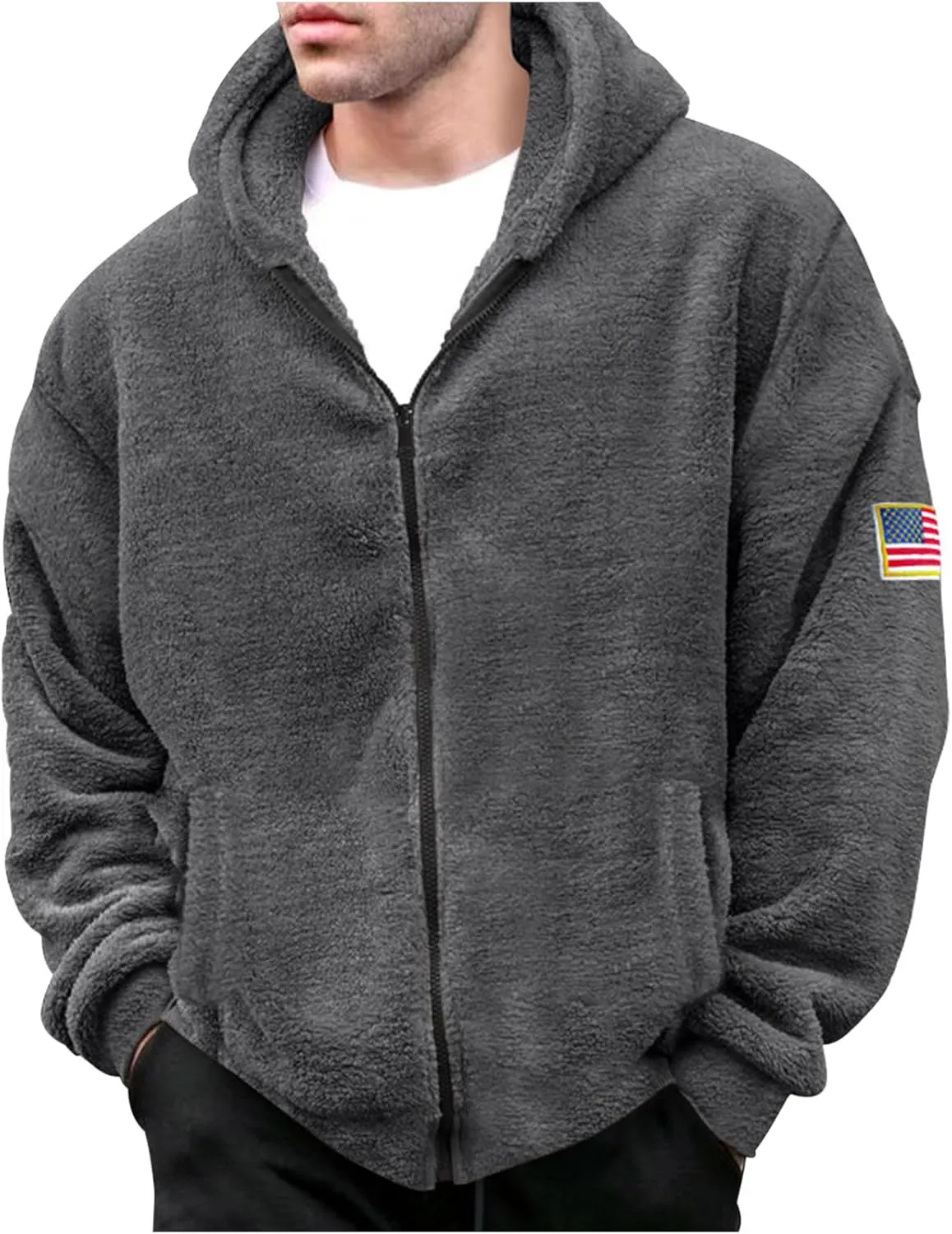 Men's Fuzzy Sherpa Jackets Fleece Hoodie Casual Warm Winter Jacket Zipper Shearling Teddy Coats Elastic Solid Outwear