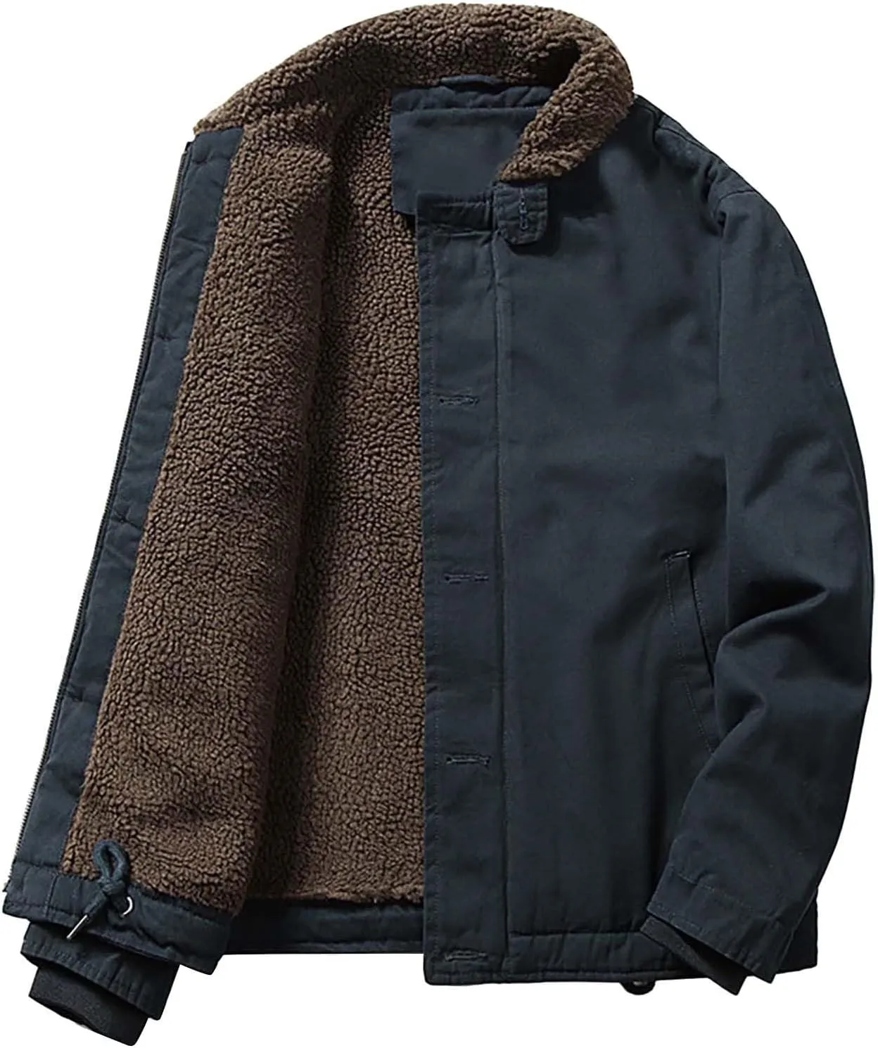 Men's Jacket with Fur Collar Fleece Sherpa Lined Warm Cargo Coat Casual Full Zip Winter Parka Outwear with Pockets