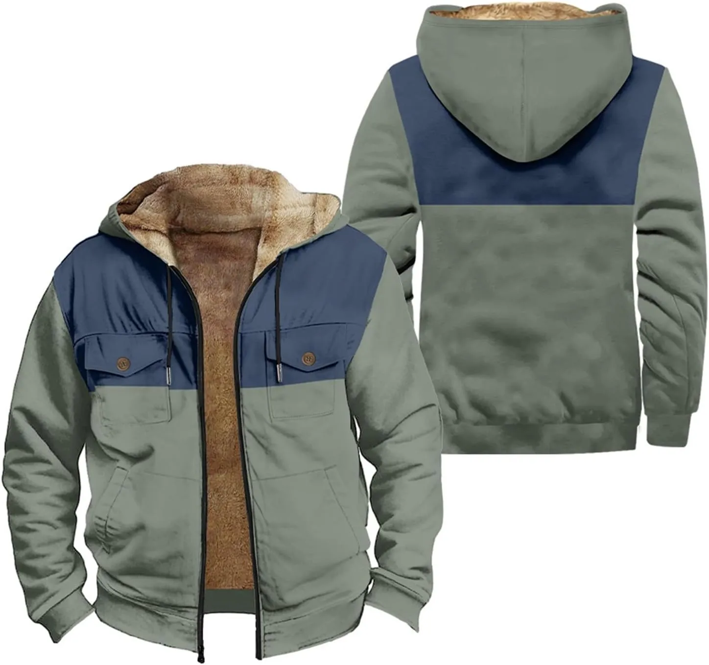 Mens Sherpa Fleece Lined Jackets Warm Winter Padded Plush Hoodies Sweatshirts Fuzzy Cargo Tatical Coats With Pockets