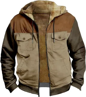 Mens Western Fleece Lined Jacket Cowboy Bull Head Print Hooded Full Zip Winter Coats Thicken Warm Jackets with Pocket