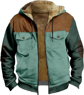 Mens Western Fleece Lined Jacket Cowboy Bull Head Print Hooded Full Zip Winter Coats Thicken Warm Jackets with Pocket