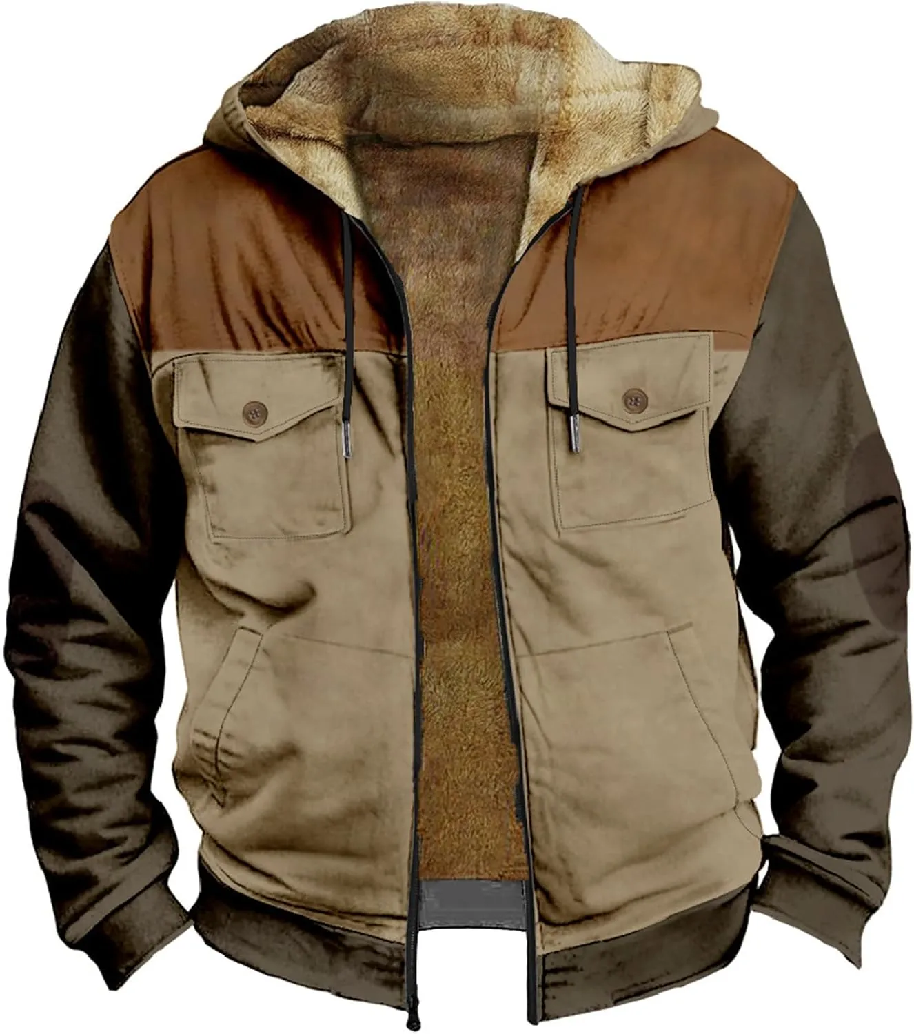 Mens Western Fleece Lined Jacket Cowboy Bull Head Print Hooded Full Zip Winter Coats Thicken Warm Jackets with Pocket